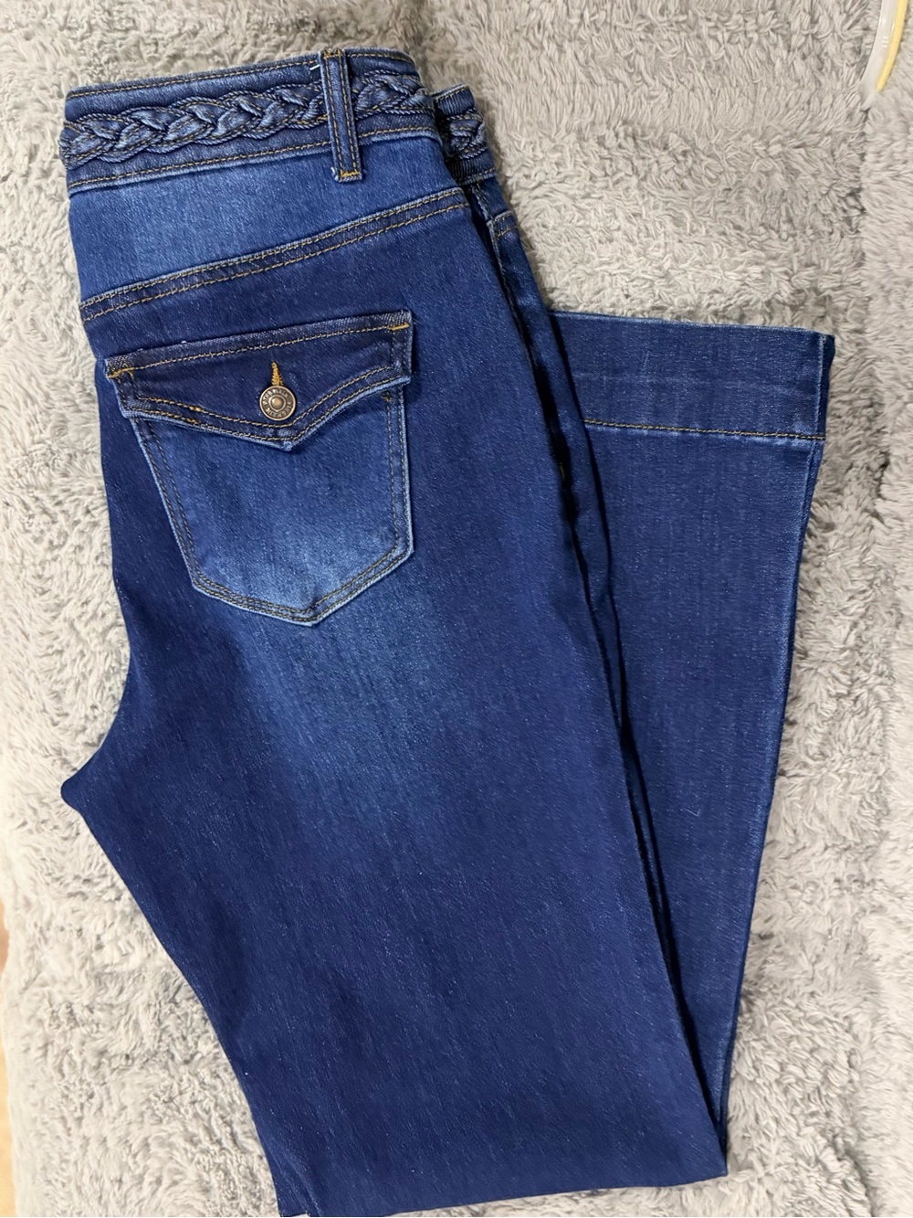 NWOT Women’s Dark Blue Wide Leg Bootcut Jeans with Braided Waist Detail